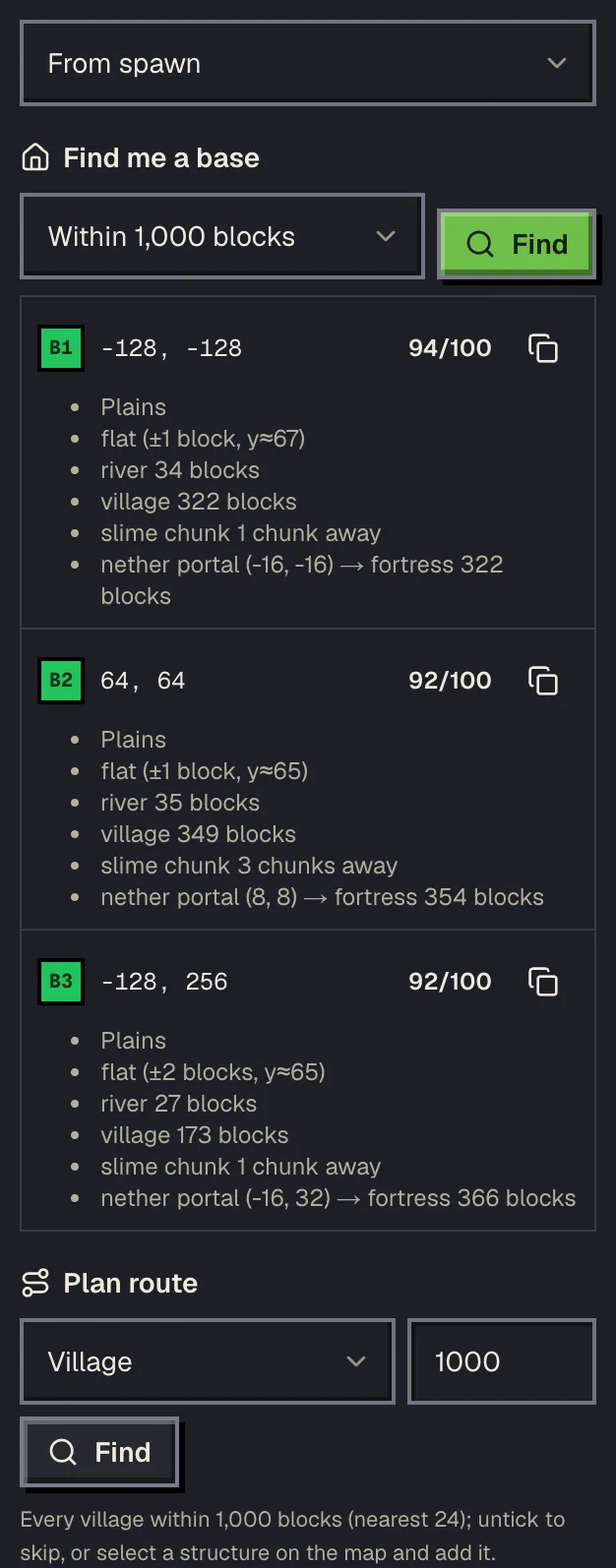 The planner panel in the map sidebar after Find me a base, with three scored sites and their reasons