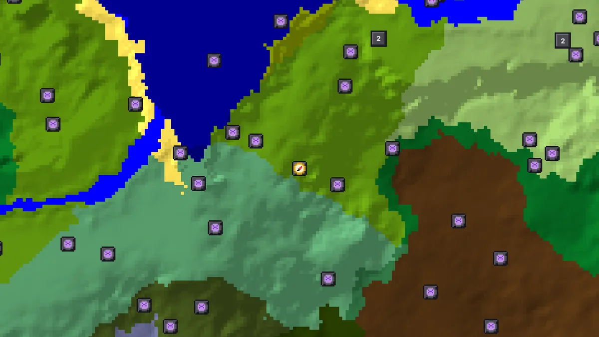 Amethyst geode finder on seed 8675309123456789 around spawn, with geode markers scattered through jungle and birch forest