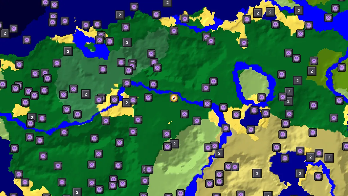 Amethyst geode finder on seed 0 zoomed out around spawn with dozens of geode markers spread fairly evenly