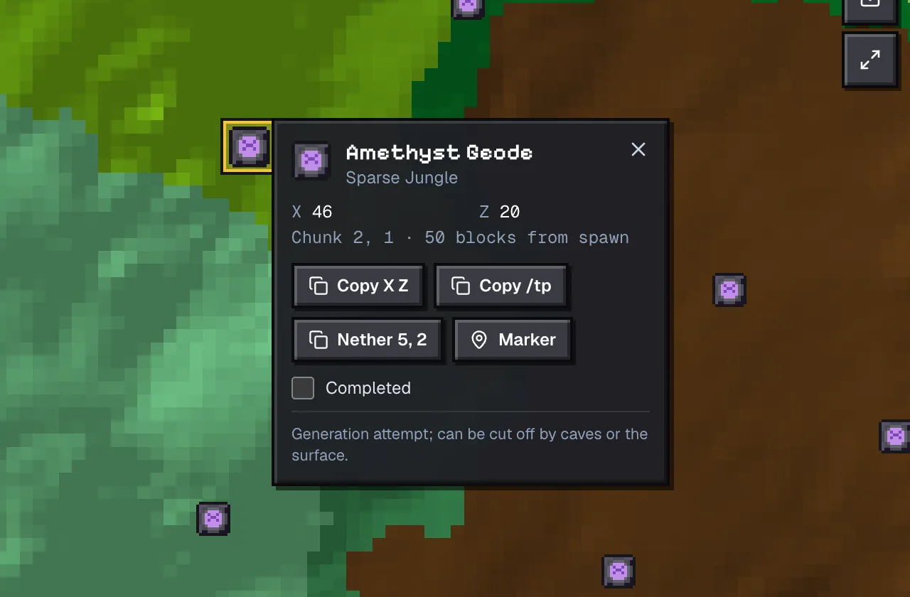 Popup on the amethyst geode finder for the geode at 46, 20 on seed 8675309123456789, showing its coordinates and distance from spawn