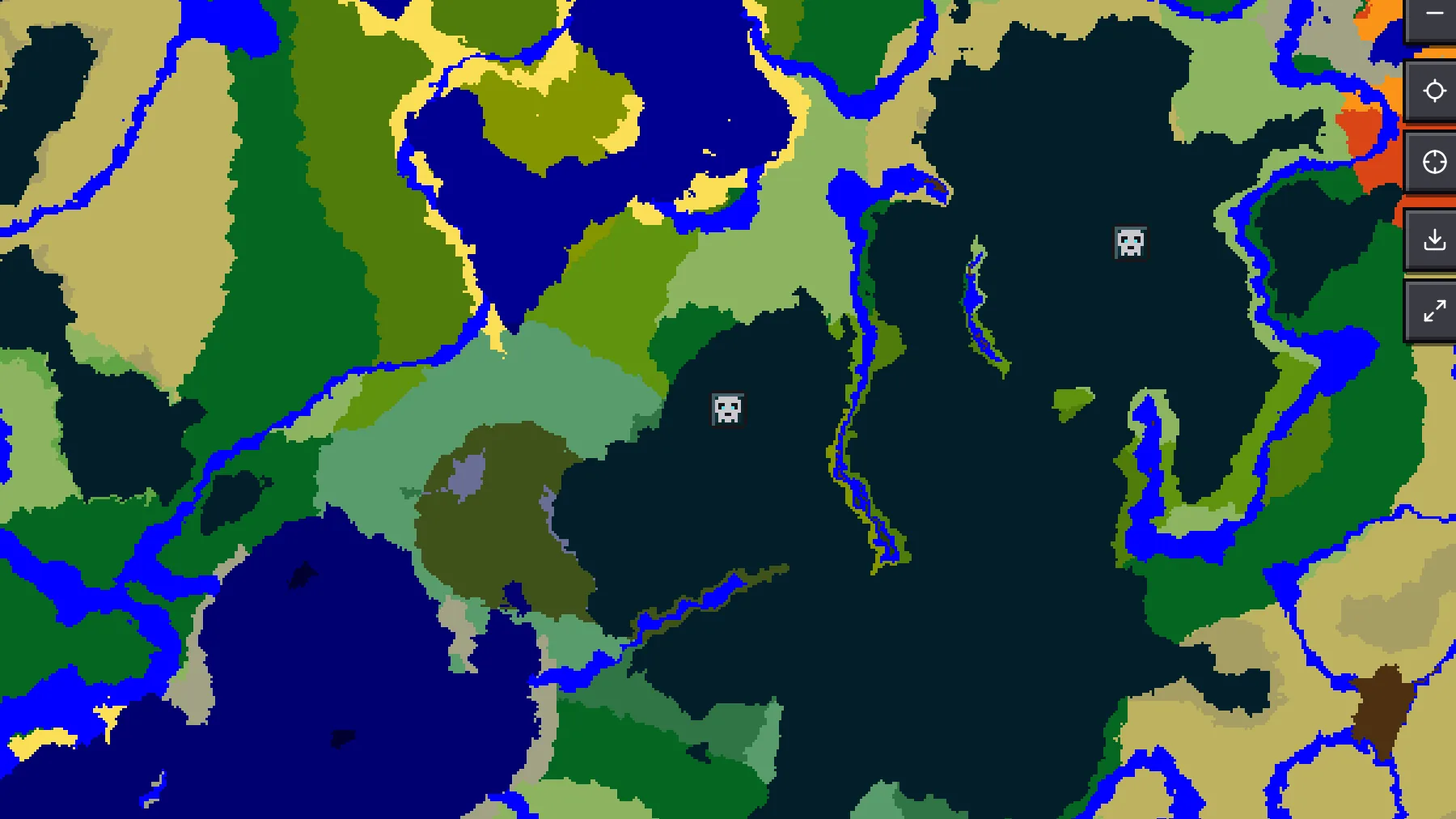 Seed map of seed 8675309123456789 with the biome layer set to Deep (Y -51), showing the deep dark in dark blue with two ancient city markers inside it