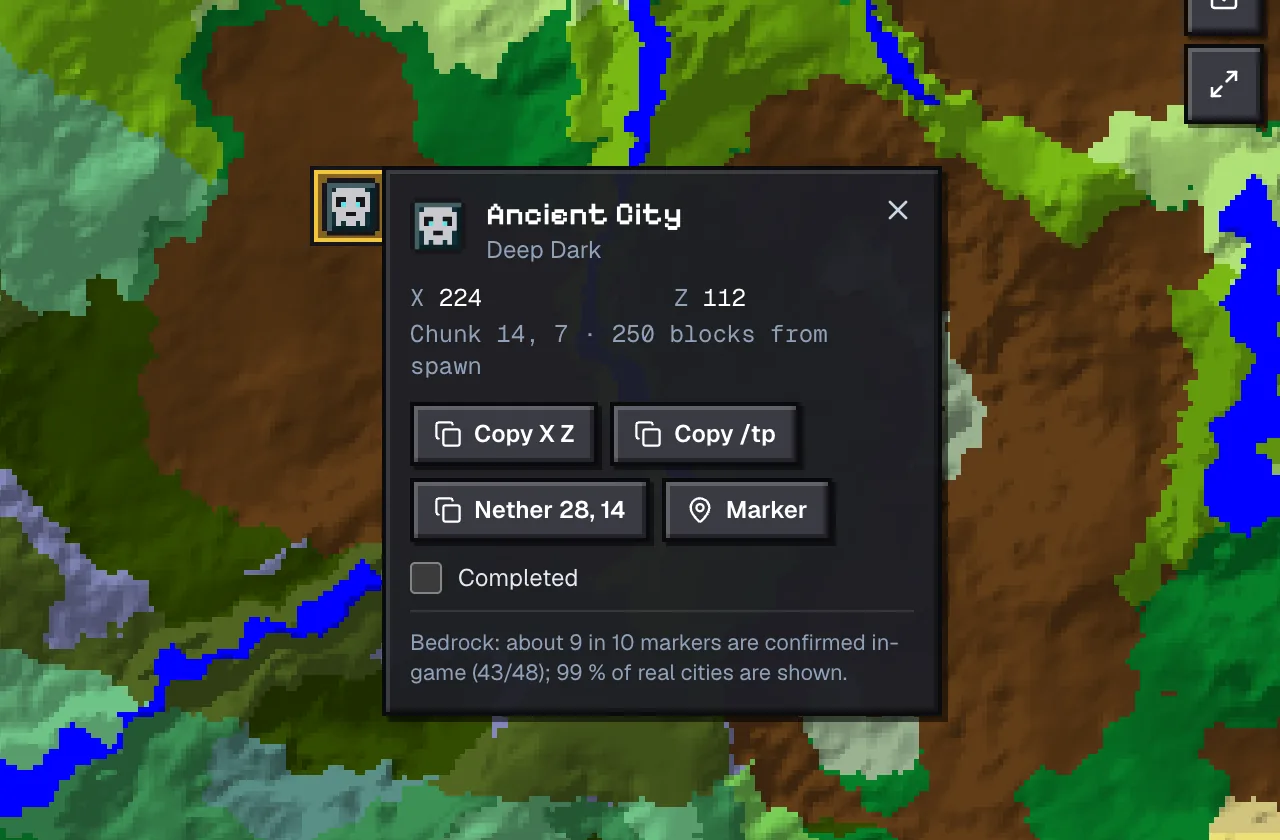Structure popup for the ancient city at 224, 112 on seed 8675309123456789, 250 blocks from spawn