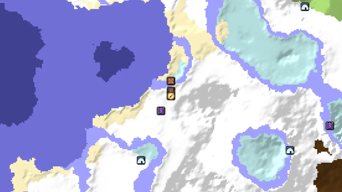 Seed map of seed 1340870769 at spawn with a pillager outpost, trial chambers, a ruined portal and ice spikes within a few chunks