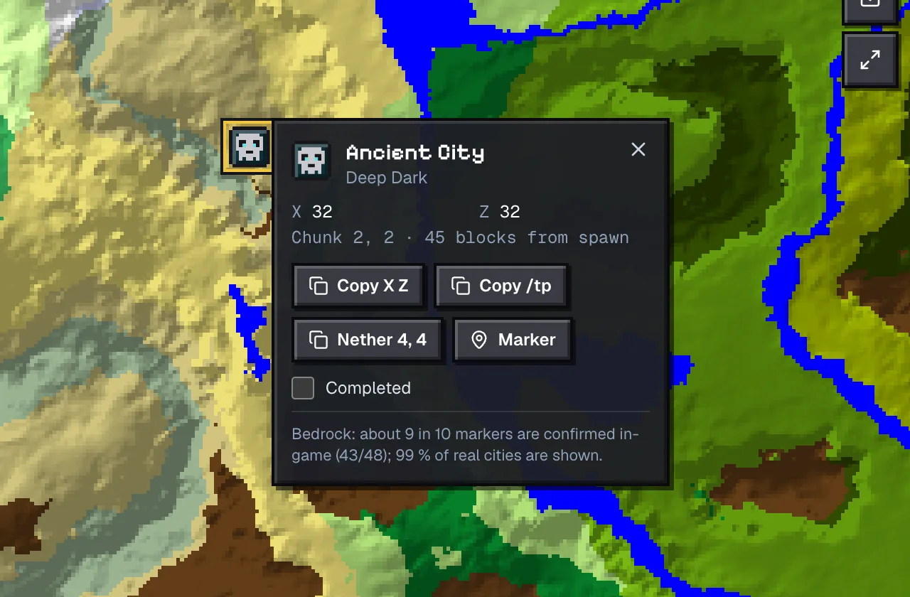 Structure popup for the ancient city at 32, 32 on seed 2441302901, 45 blocks from spawn