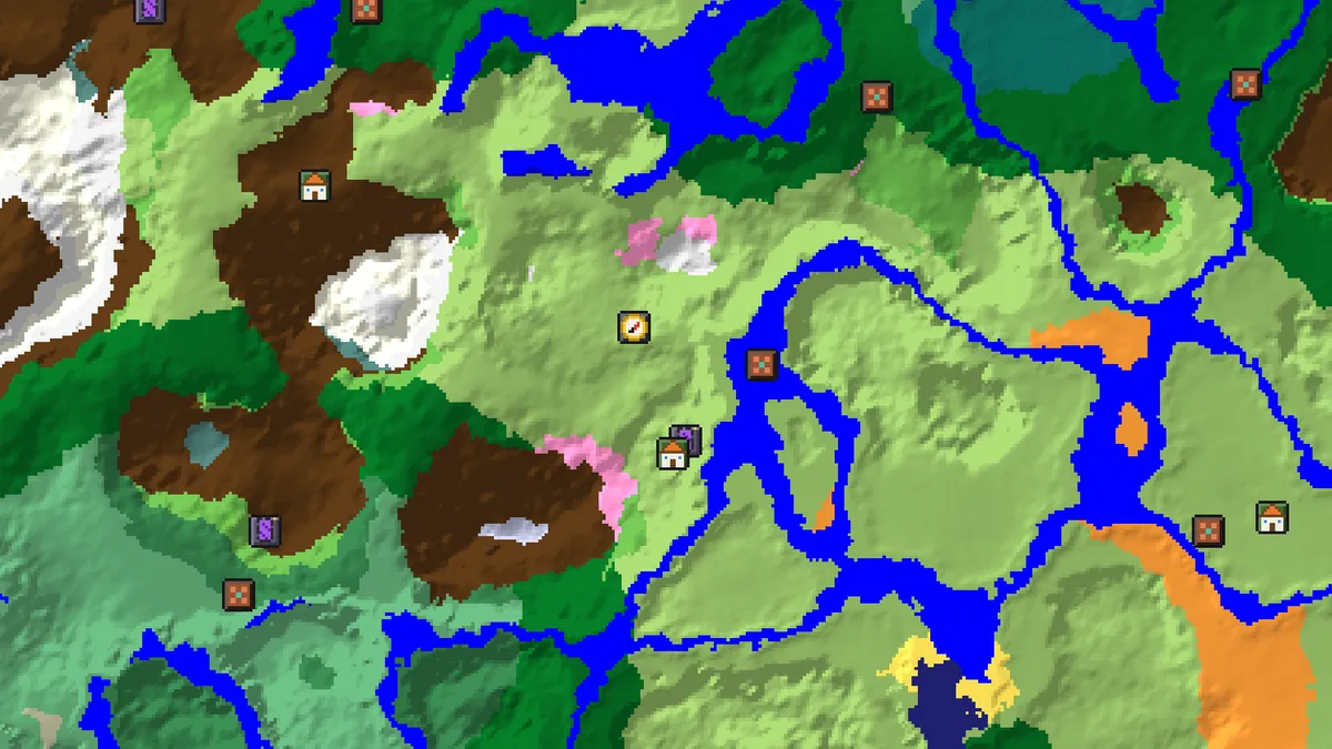 Seed map of seed 7965134851 around spawn with a village, trial chambers and a ruined portal marked close together