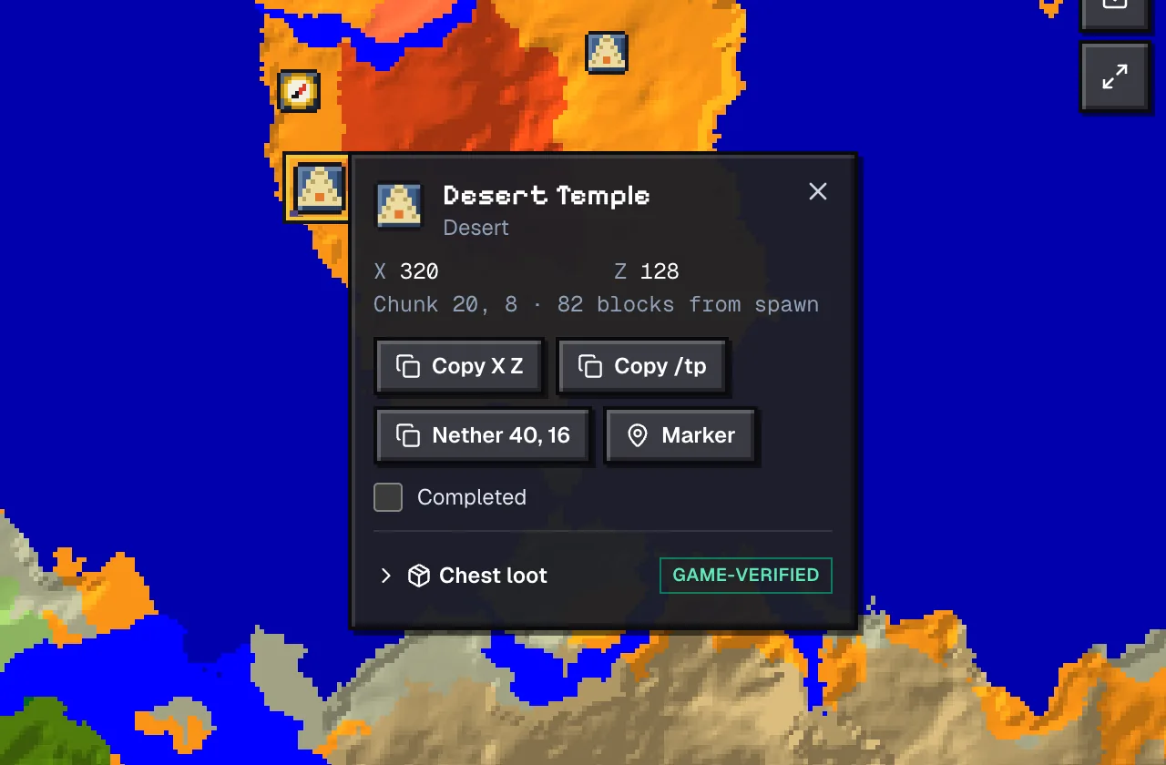 Structure popup for the desert pyramid at 320, 128 on seed 7983900076868009622 with its chest loot listed