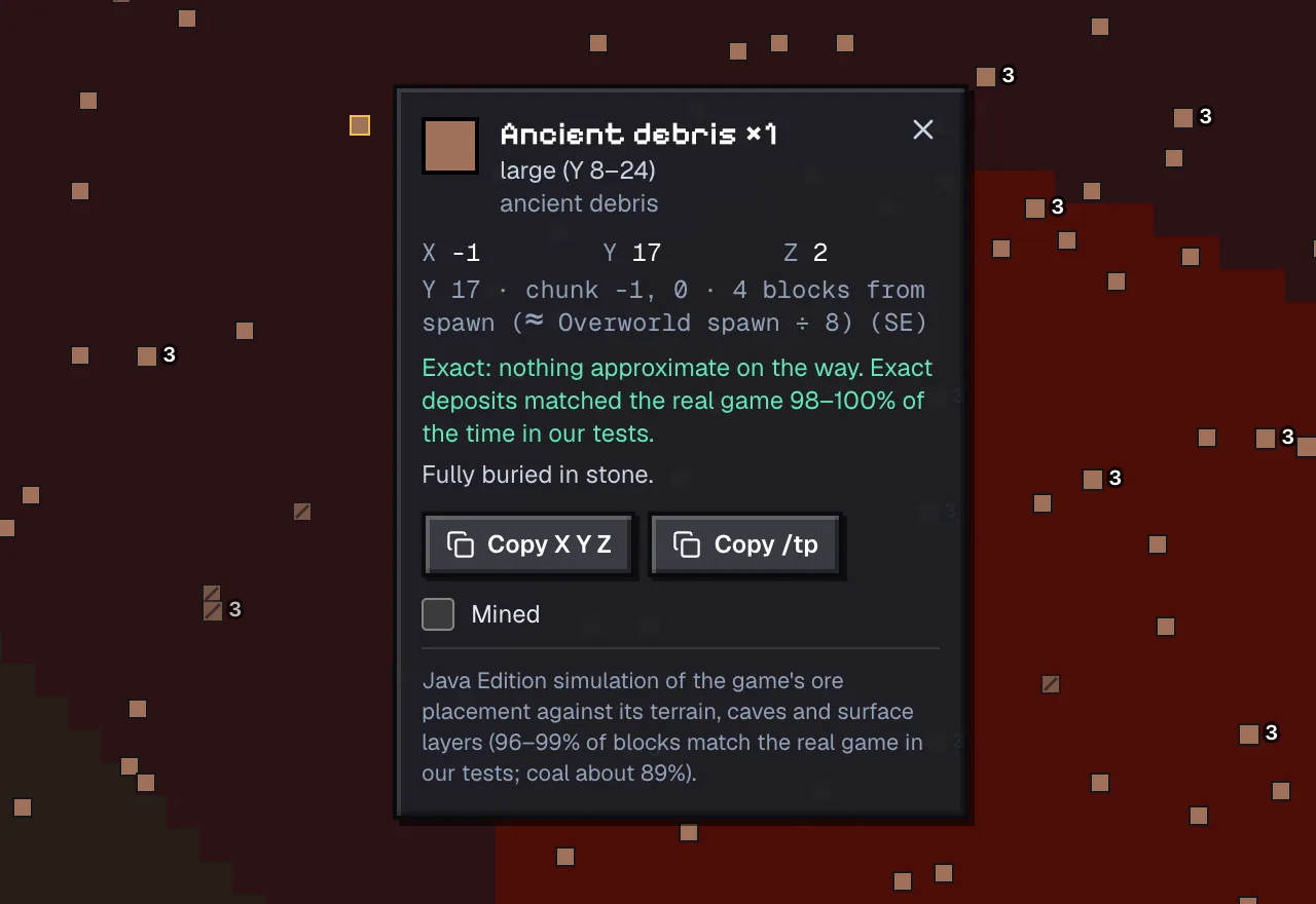 Popup for a debris cluster on seed 0 showing block coordinates, distance from the portal and a copy button