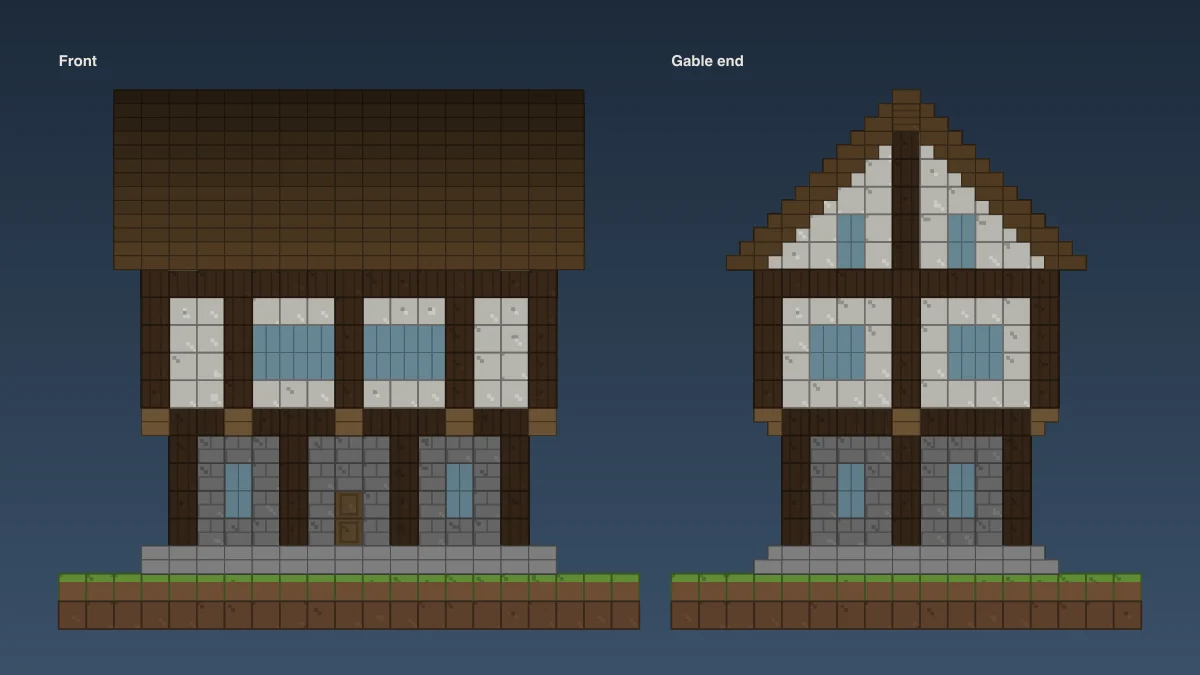 Block diagram of a big timber-frame Minecraft house from the front and the gable end: stone ground floor, white jettied upper floor with spruce posts and a steep dark oak roof