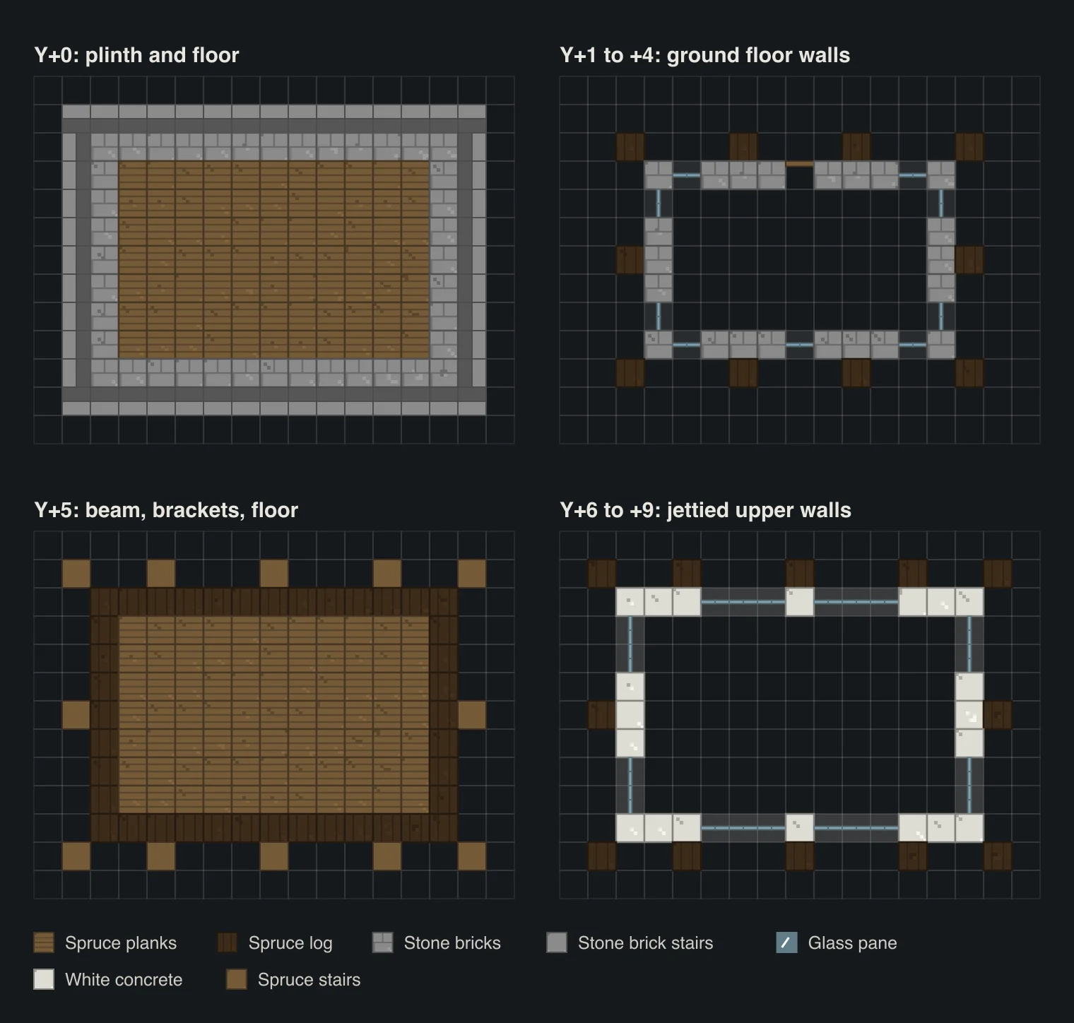 Four top-down block plans of the house: the plinth and floor, the ground floor walls with posts and recessed stone infill, the beam layer with stair brackets, and the jettied upper walls