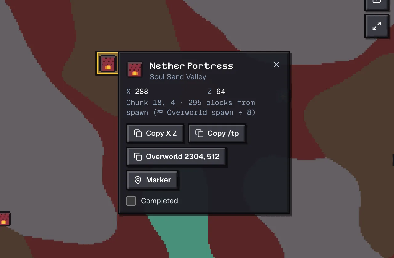 Fortress popup on seed 8675309123456789 for the fortress at 288, 64 with distance and an Overworld coordinates button