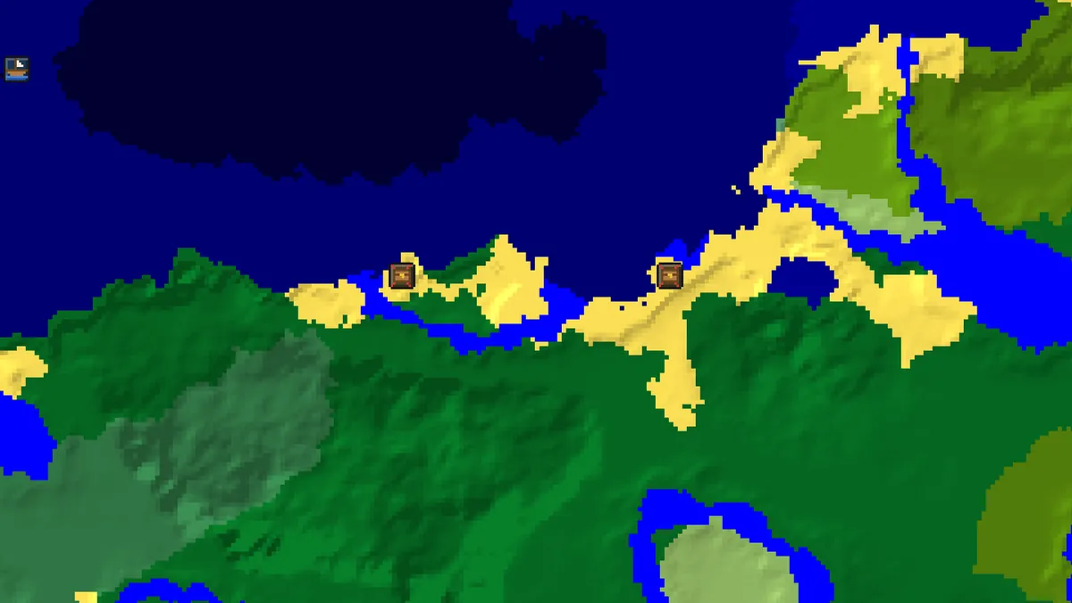 Seed map of seed 0 north of spawn with two buried treasure markers on a strip of yellow beach between forest and ocean