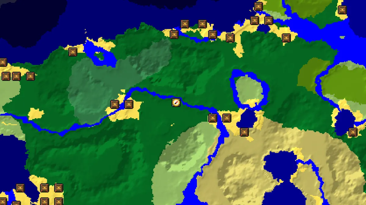 Bedrock seed map of seed 0 around spawn with many buried treasure markers along every beach