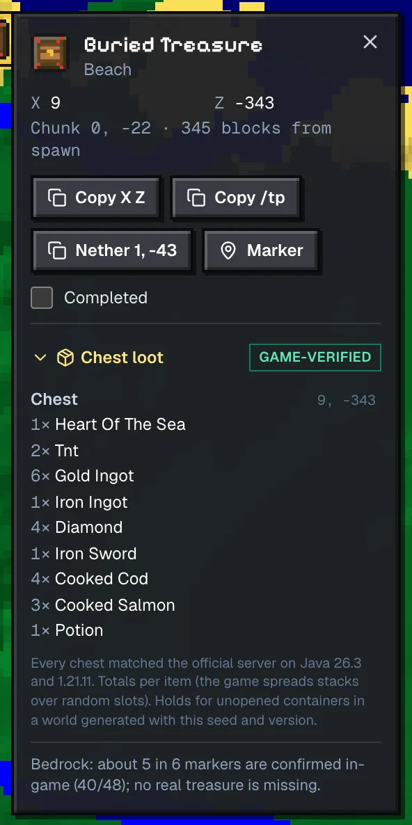 Buried treasure popup on seed 0 at 9, -343 listing the predicted chest loot including the Heart of the Sea and four diamonds