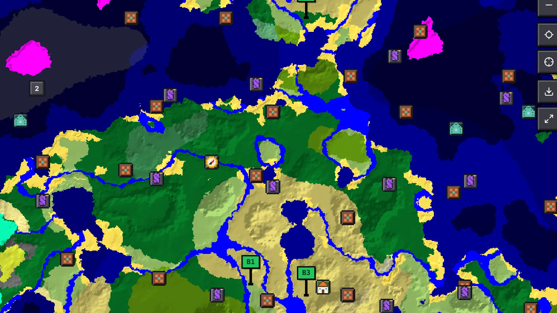 The seed map with the three suggested base sites pinned as B1, B2 and B3