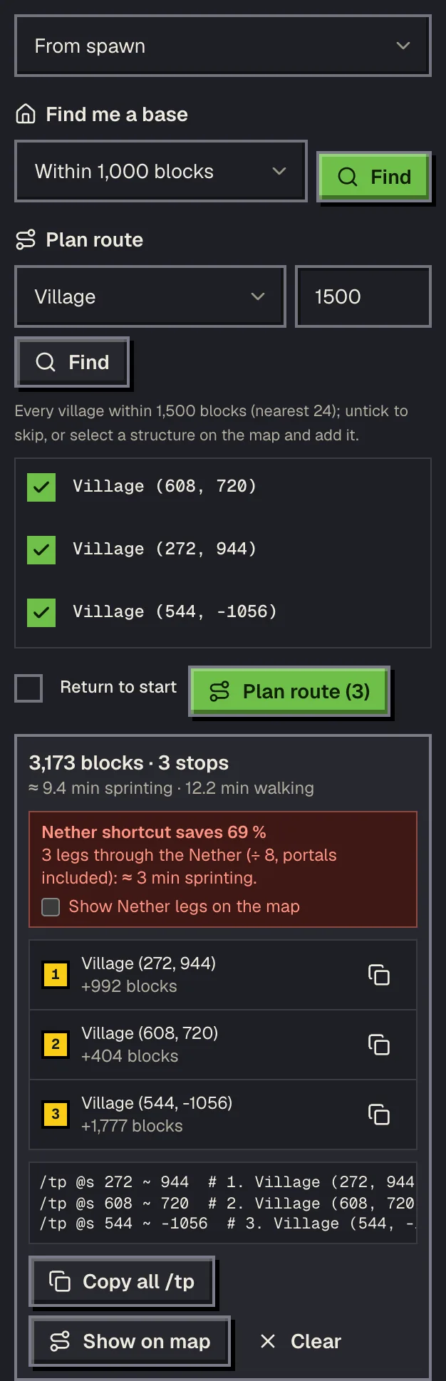 The planner panel after Plan route, with three villages ordered into a route, leg distances and /tp commands