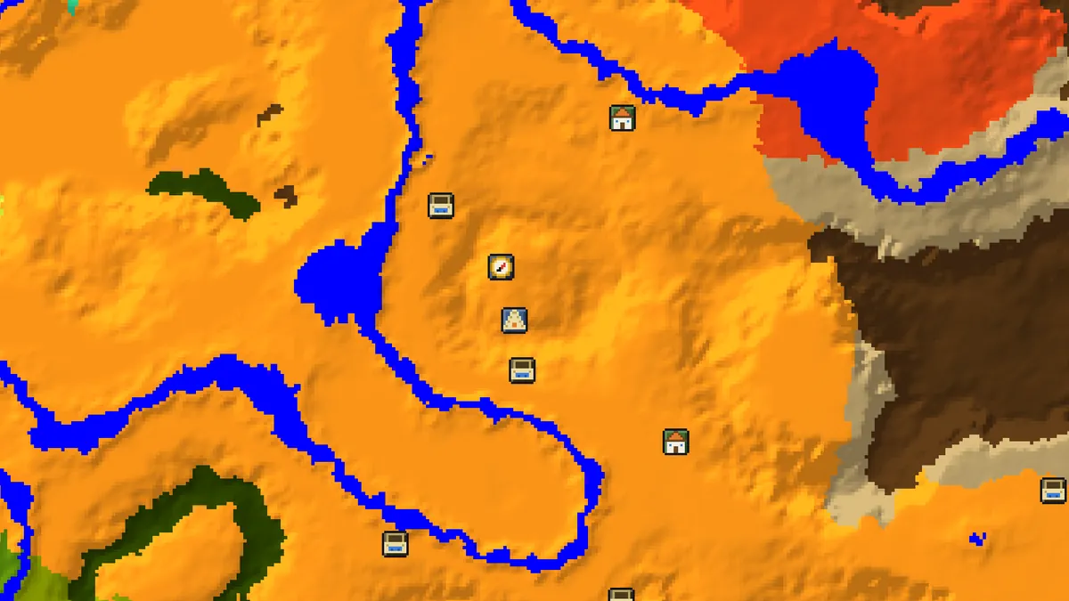 Desert temple finder on seed 118 around spawn, with the desert temple at 16, 64, two desert wells and three desert villages marked
