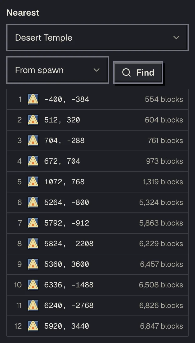 Nearest list in the desert temple finder side panel for seed 897, temples sorted by distance from spawn