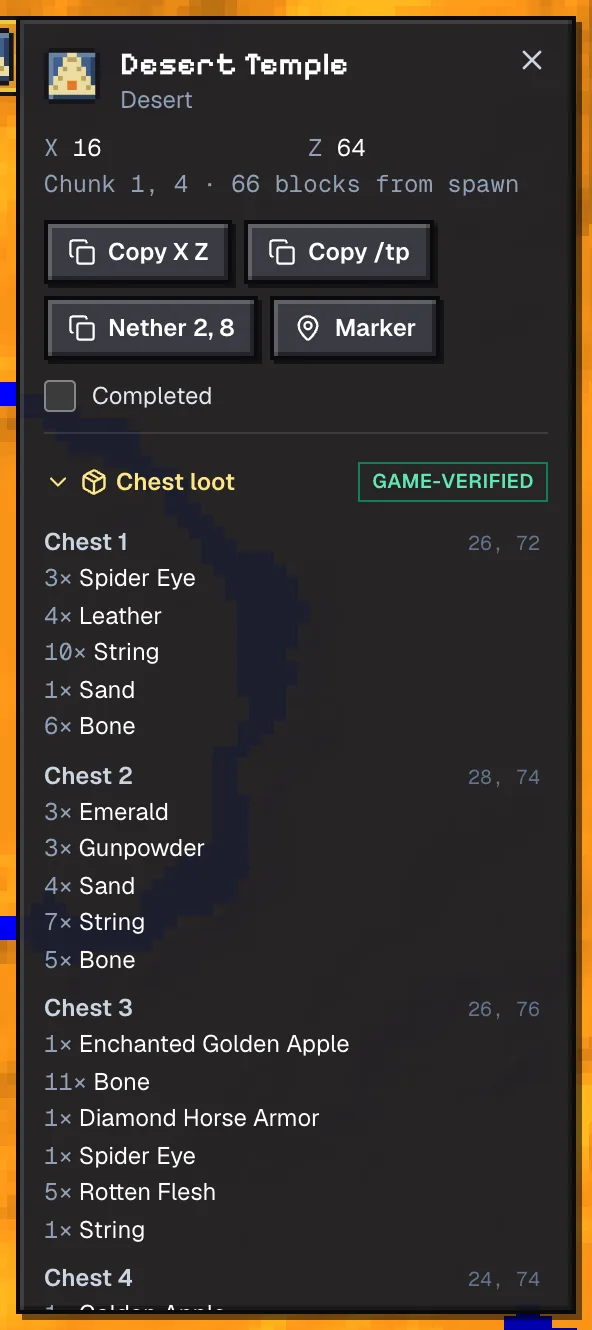 Structure popup for the desert temple at 16, 64 on seed 118 with the Chest loot section open, listing all four chests