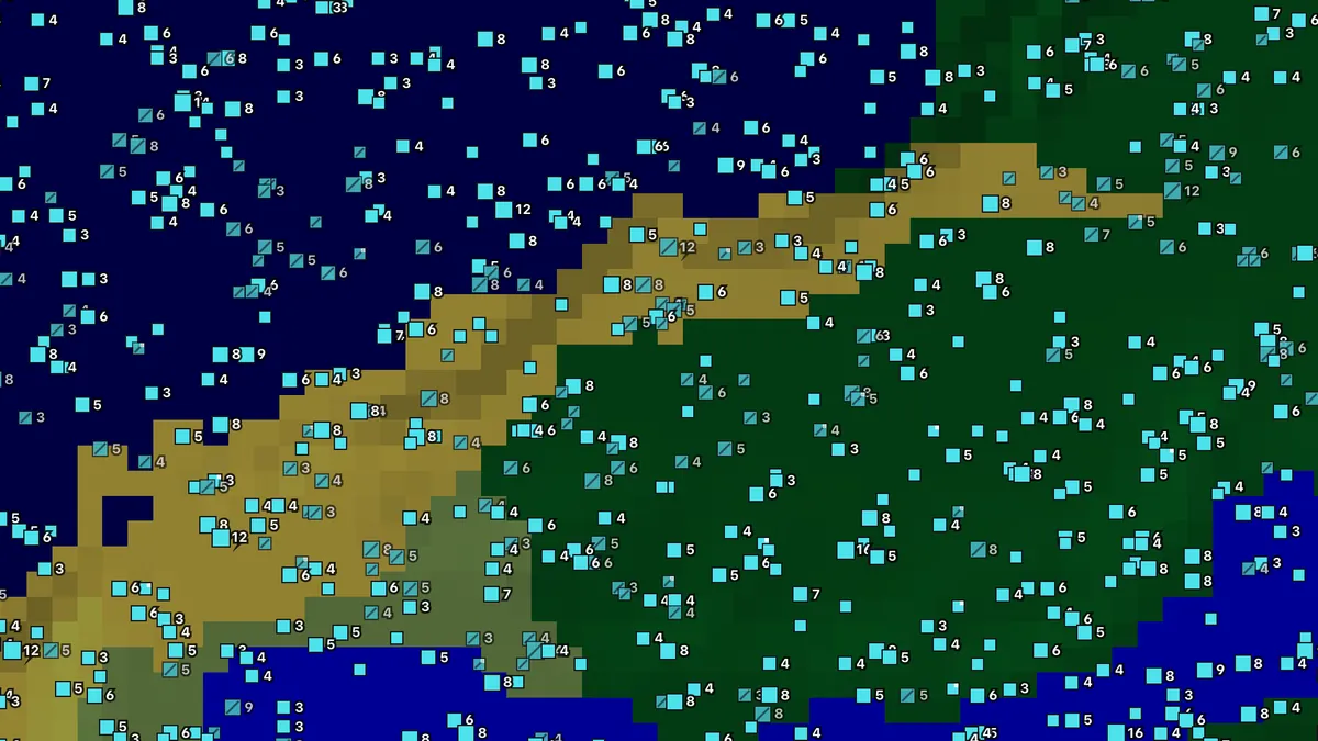 Diamond finder for seed 123456789 at block level near spawn with diamond deposits drawn as squares