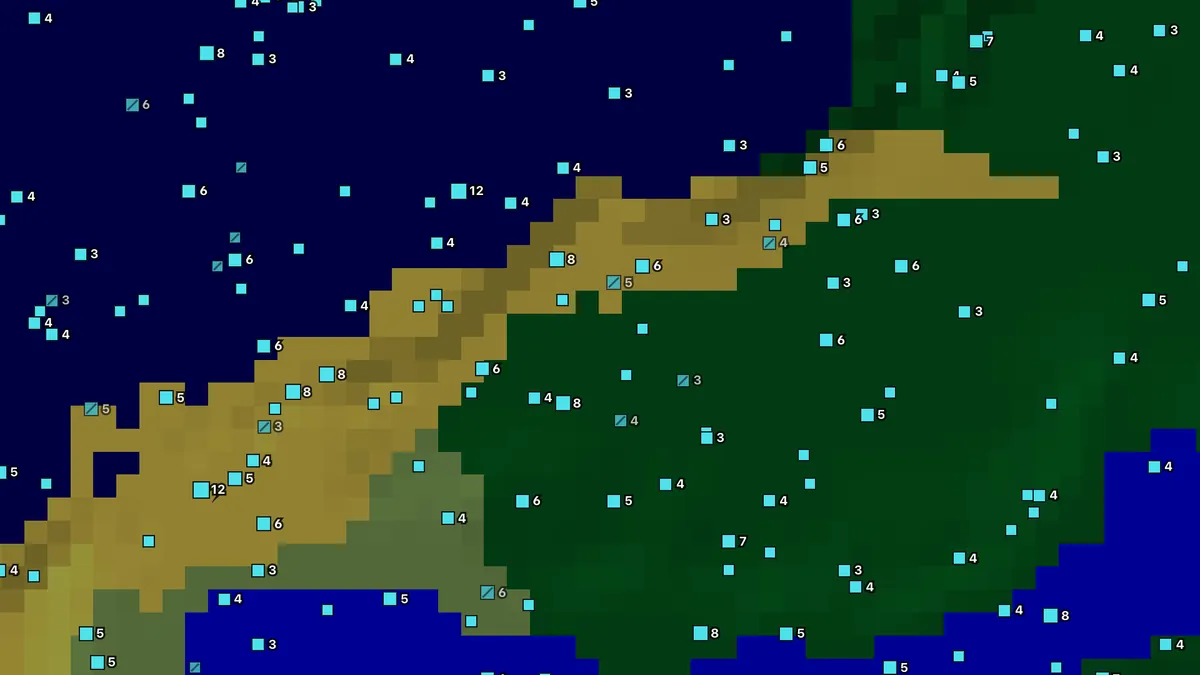 Diamond finder for seed 123456789 with the strip-mining preset: Y -64 to -54, buried deposits only
