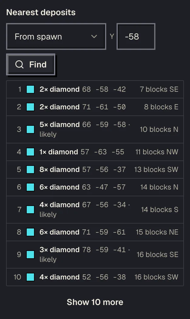 The Nearest deposits list on the diamond finder, with distance, direction, block count and Y for each deposit