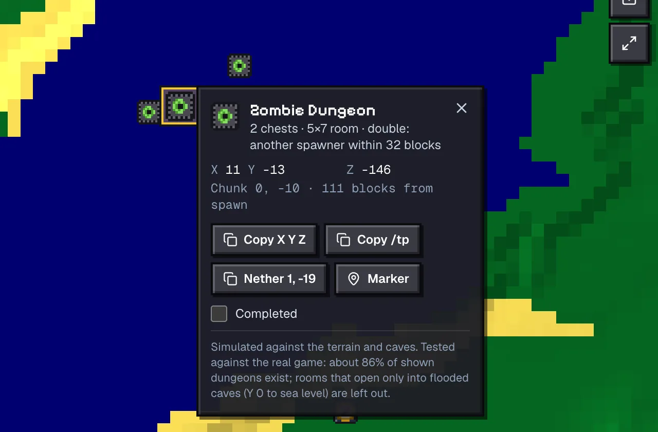 Dungeon popup on seed 123456789 for the zombie spawner at 11, −13, −146 showing its coordinates, two chests and one neighbouring spawner