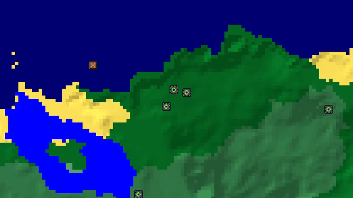 Dungeon finder on seed 0 around −253, −280 showing three skeleton dungeon markers close together