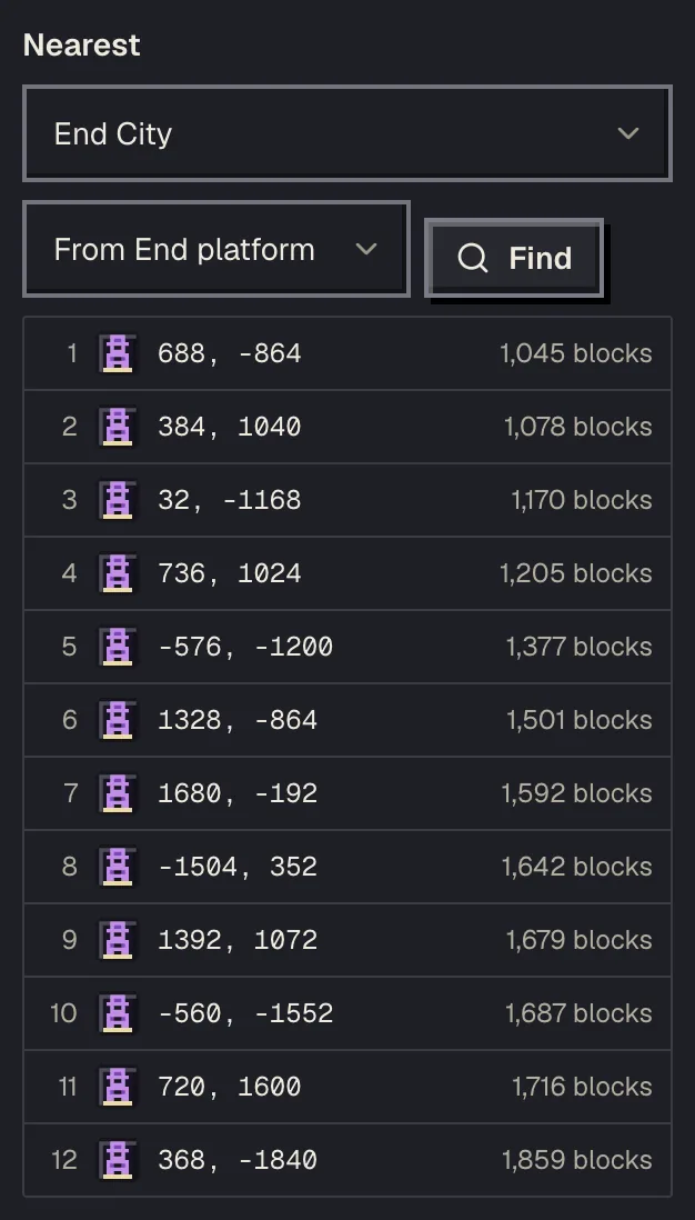 The Nearest list on the End city finder for seed 123456789, cities sorted by distance from the centre