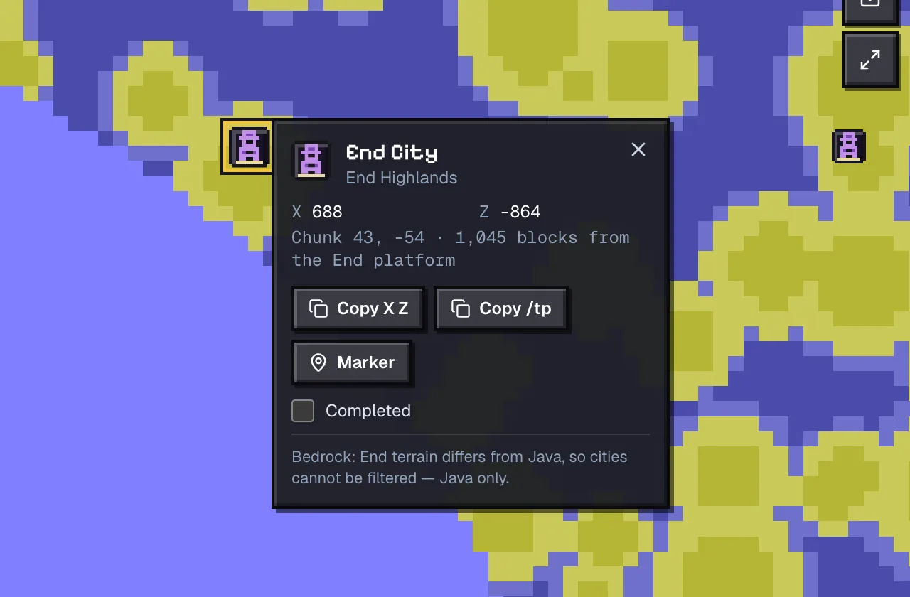 Structure popup for the End city at 688, -864 on seed 123456789 with distance from the centre and copy buttons