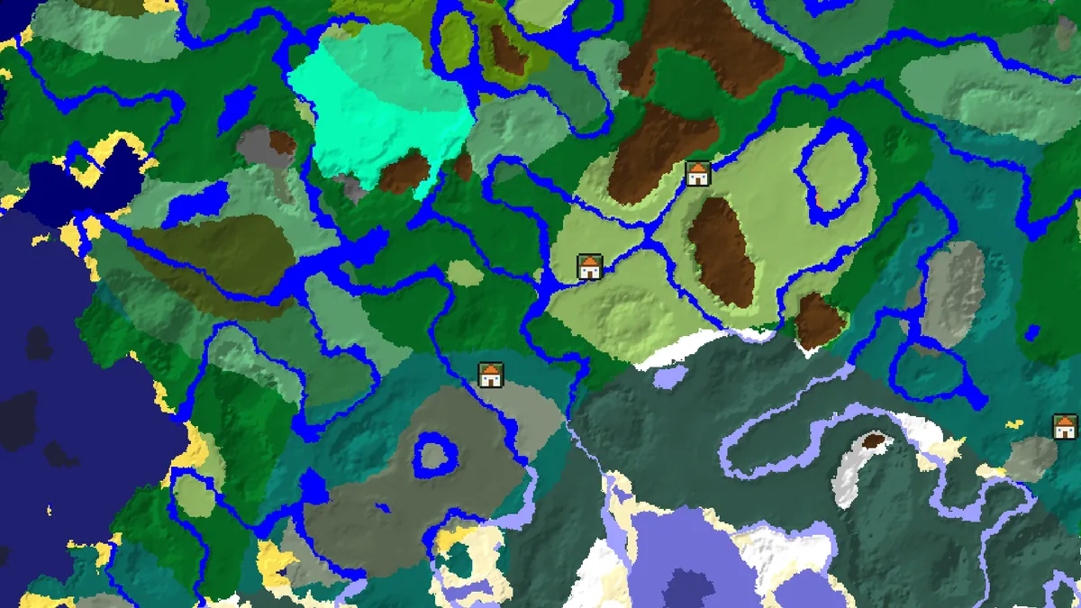 Seed map of seed -1234567890123 south-east of spawn with several village markers