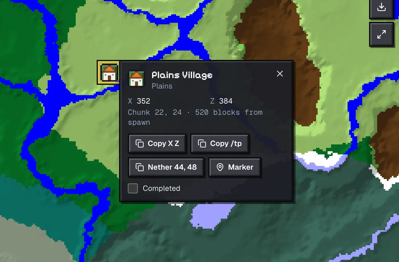 Structure popup for the plains village at 352, 384 on seed -1234567890123, with variant, biome, distance and copy buttons