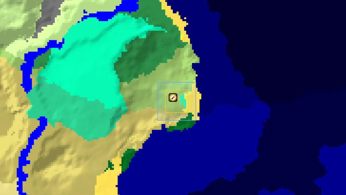 Spawn point finder on seed -4172144997902289642 showing the world spawn in plains and the spawn chunks around it