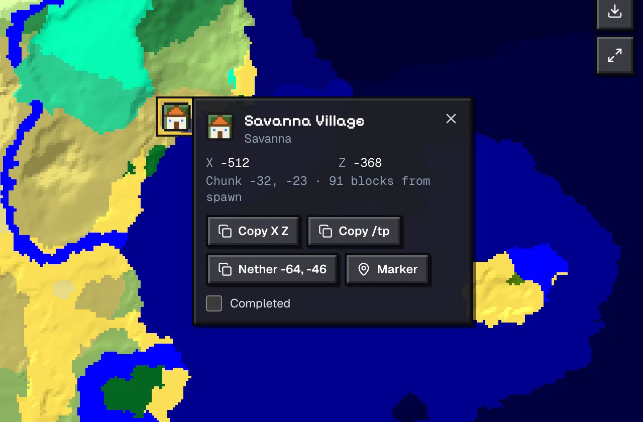 Village popup on seed -4172144997902289642 showing a savanna village at -512, -368 with its distance from spawn