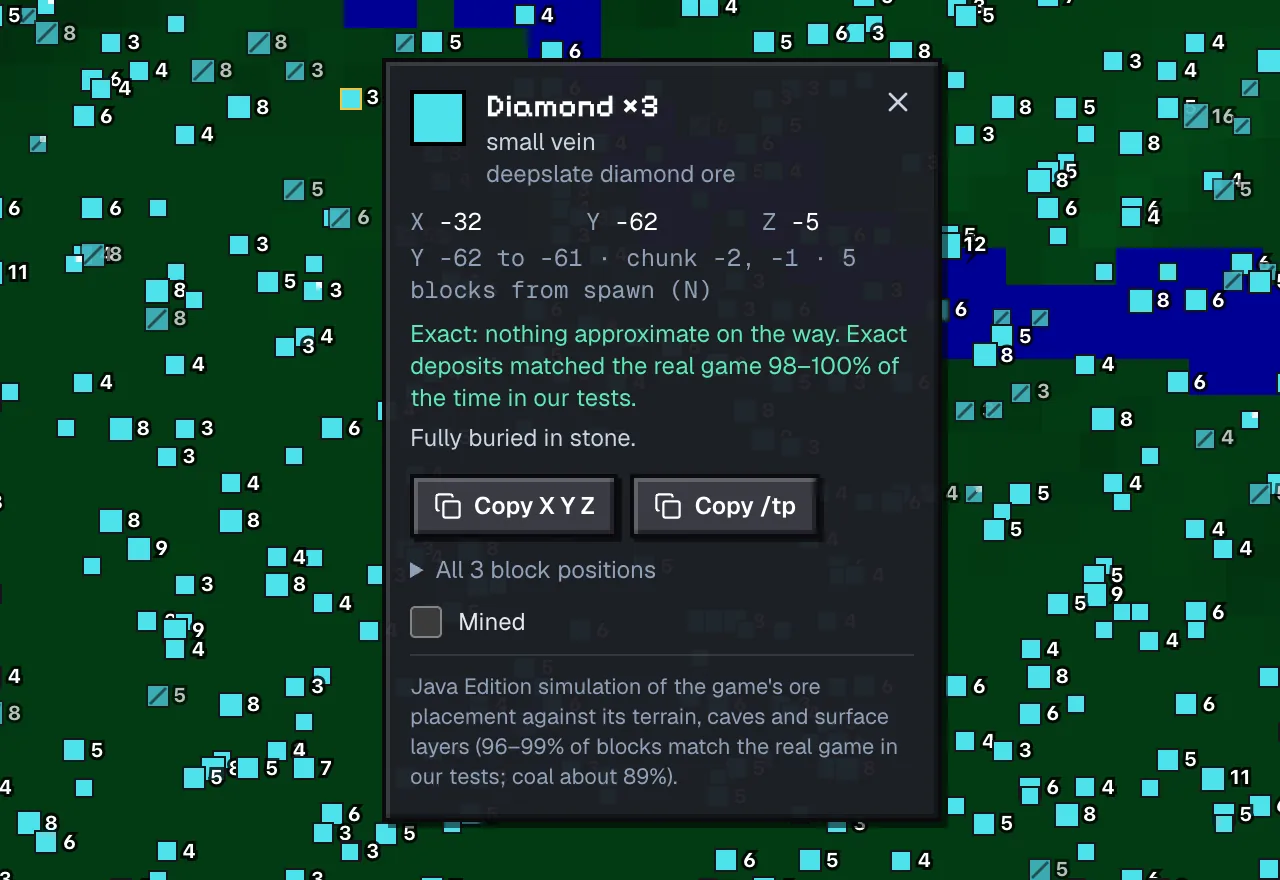 A diamond deposit popup on the diamond finder for seed 0, with an Exact confidence note and the verification figures