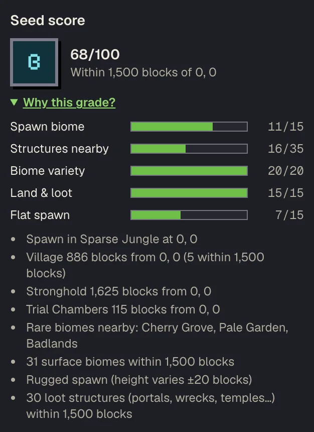 The Seed score card in the map sidebar for seed 8675309123456789, with a grade and the reasons behind it