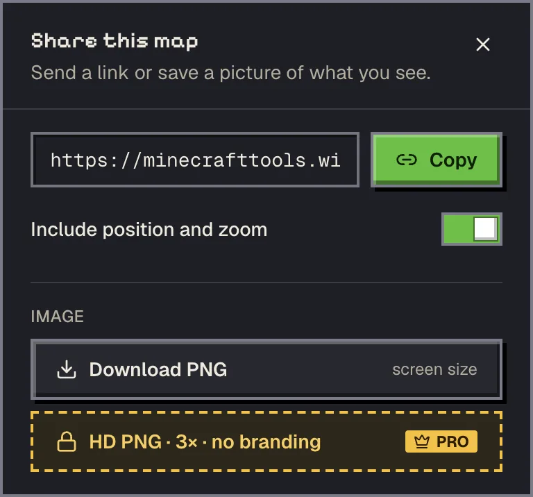 The Share this map dialog with the link, an Include position and zoom switch and PNG download buttons