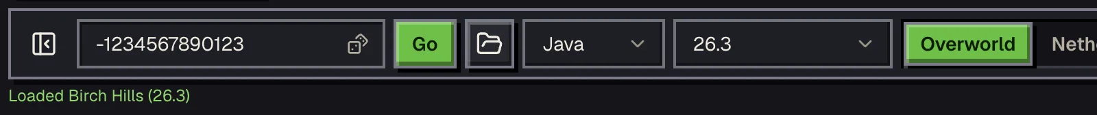 The map toolbar after importing a level.dat: the seed filled in and a status line reading Loaded Birch Hills (26.3)