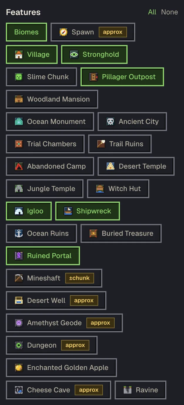 The Features panel in the map sidebar with structure toggles and accuracy badges