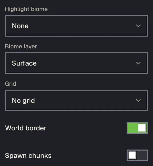 The layer controls under the Features panel: highlight biome, biome layer, grid, world border and spawn chunks