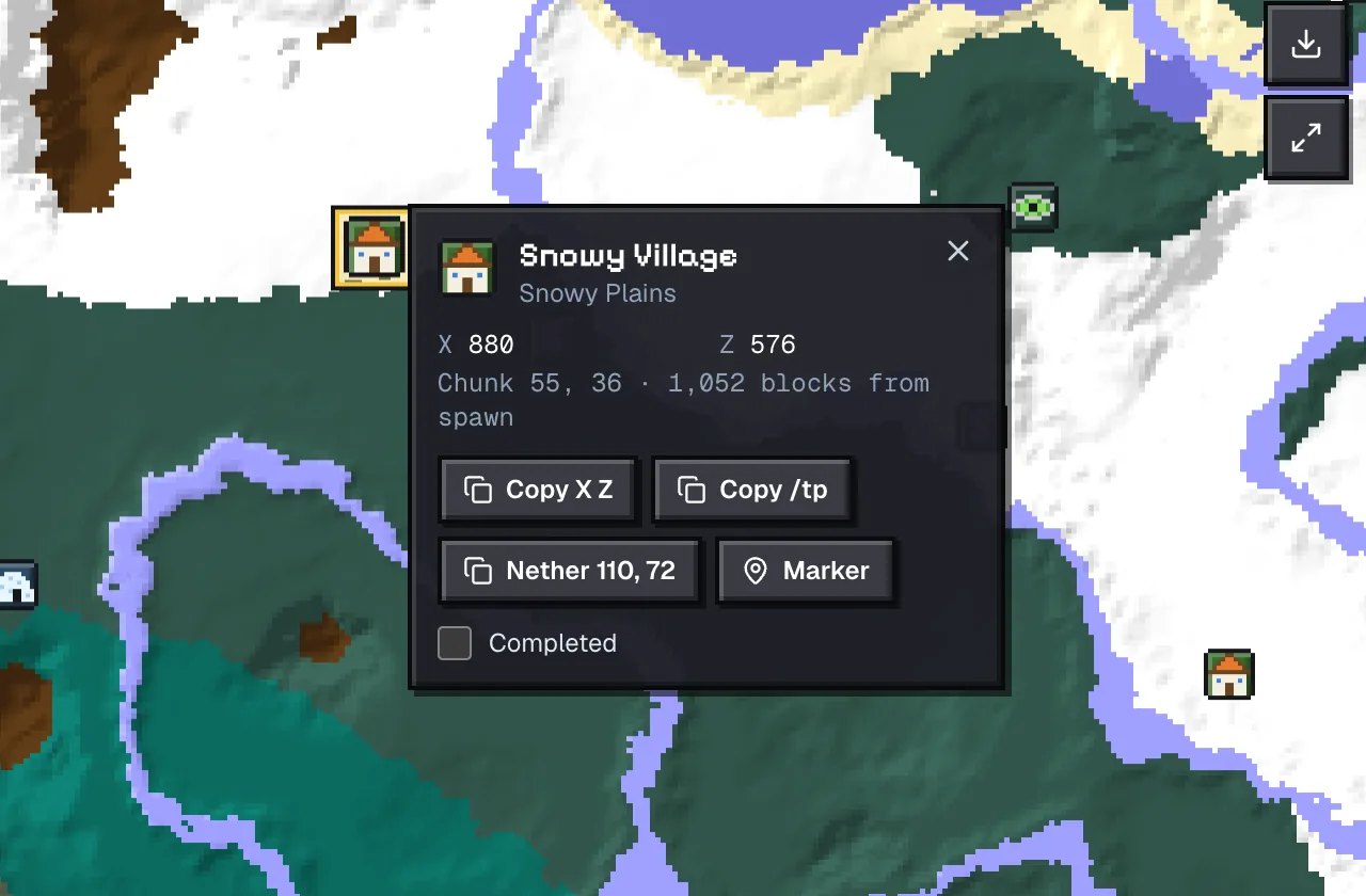 A structure popup on the seed map for a snowy village, with coordinates, chunk, distance from spawn and copy buttons