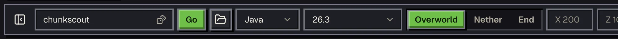 The seed map toolbar on desktop: seed box, Go, Load from save, edition, version and dimension controls