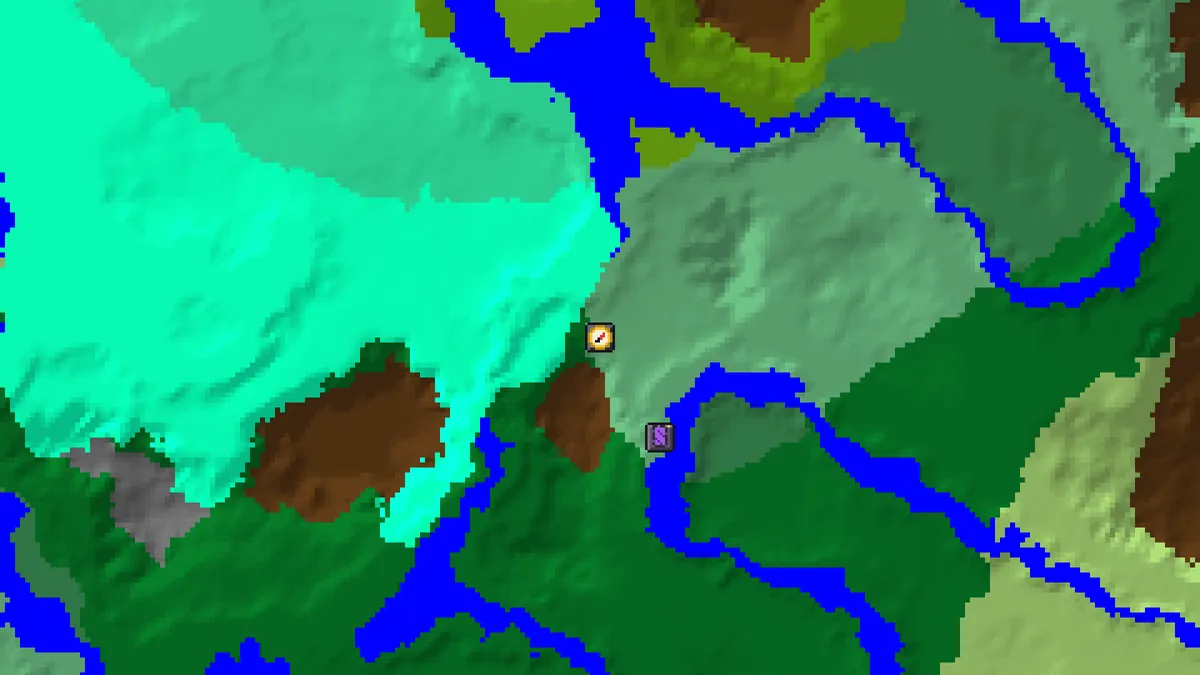 Seed map centred on the spawn marker of seed -1234567890123 after loading its level.dat