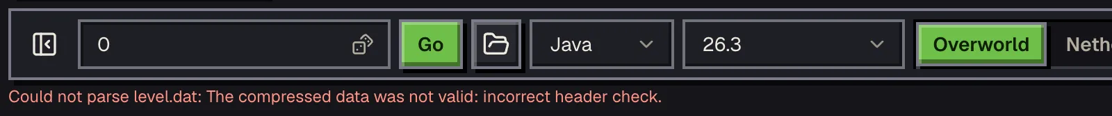 The map toolbar with the red status line Could not parse level.dat after loading a file that was not an NBT save