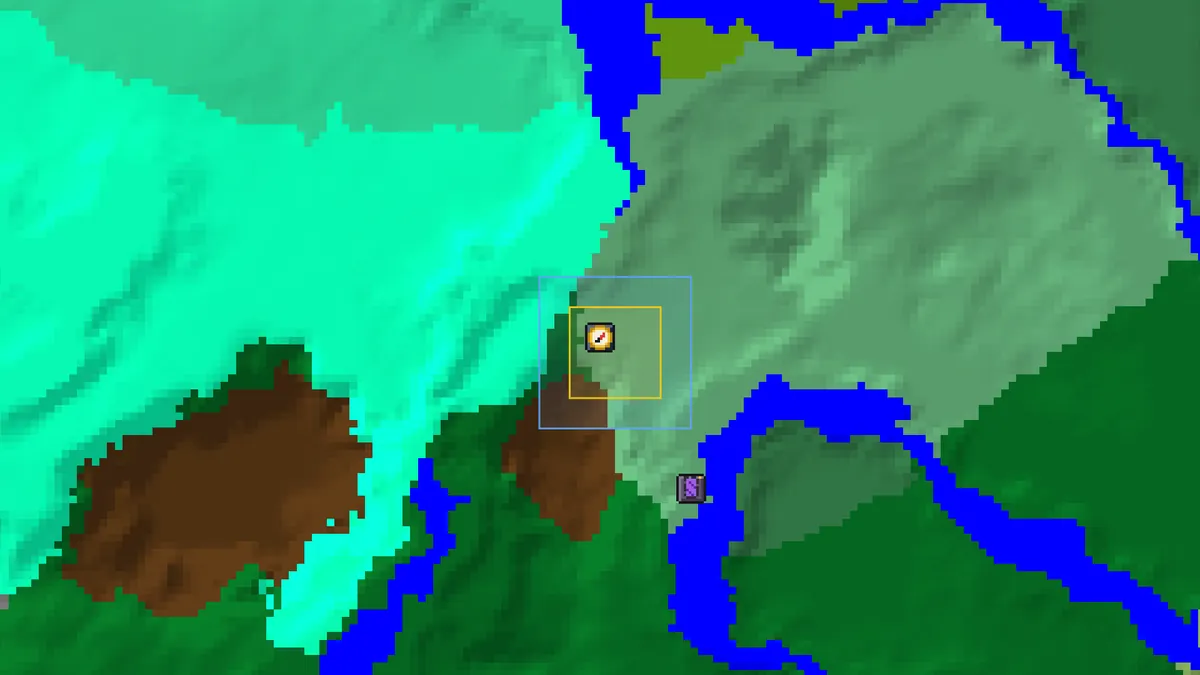 Spawn point finder for seed -1234567890123 centred on the spawn marker with the spawn chunks outlined