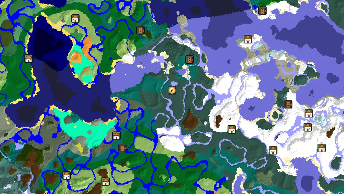 Seed map of the text seed chunkscout zoomed out, with the two nearest villages over a thousand blocks from spawn and an outpost in between