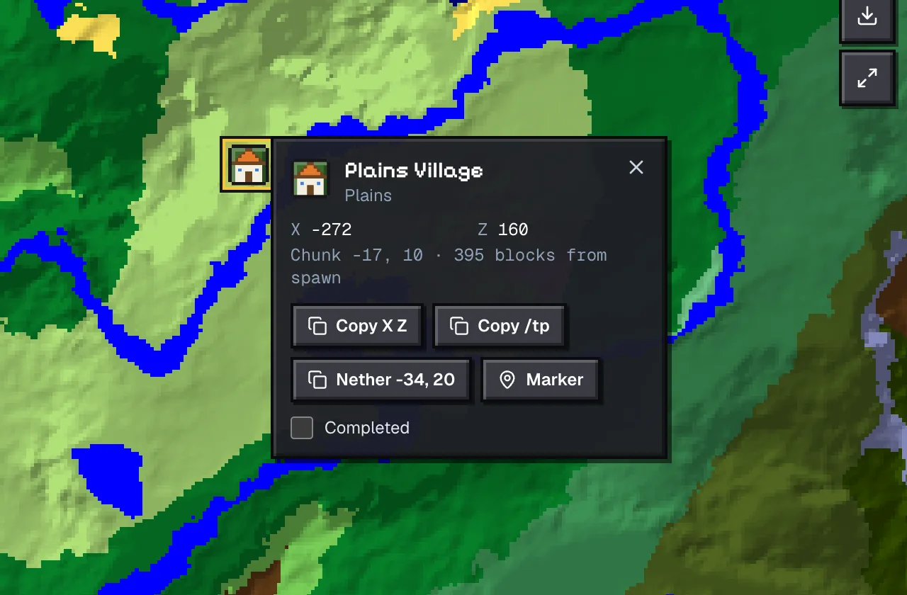 Structure popup for the plains village at -272, 160 on seed 123456789, 395 blocks from spawn
