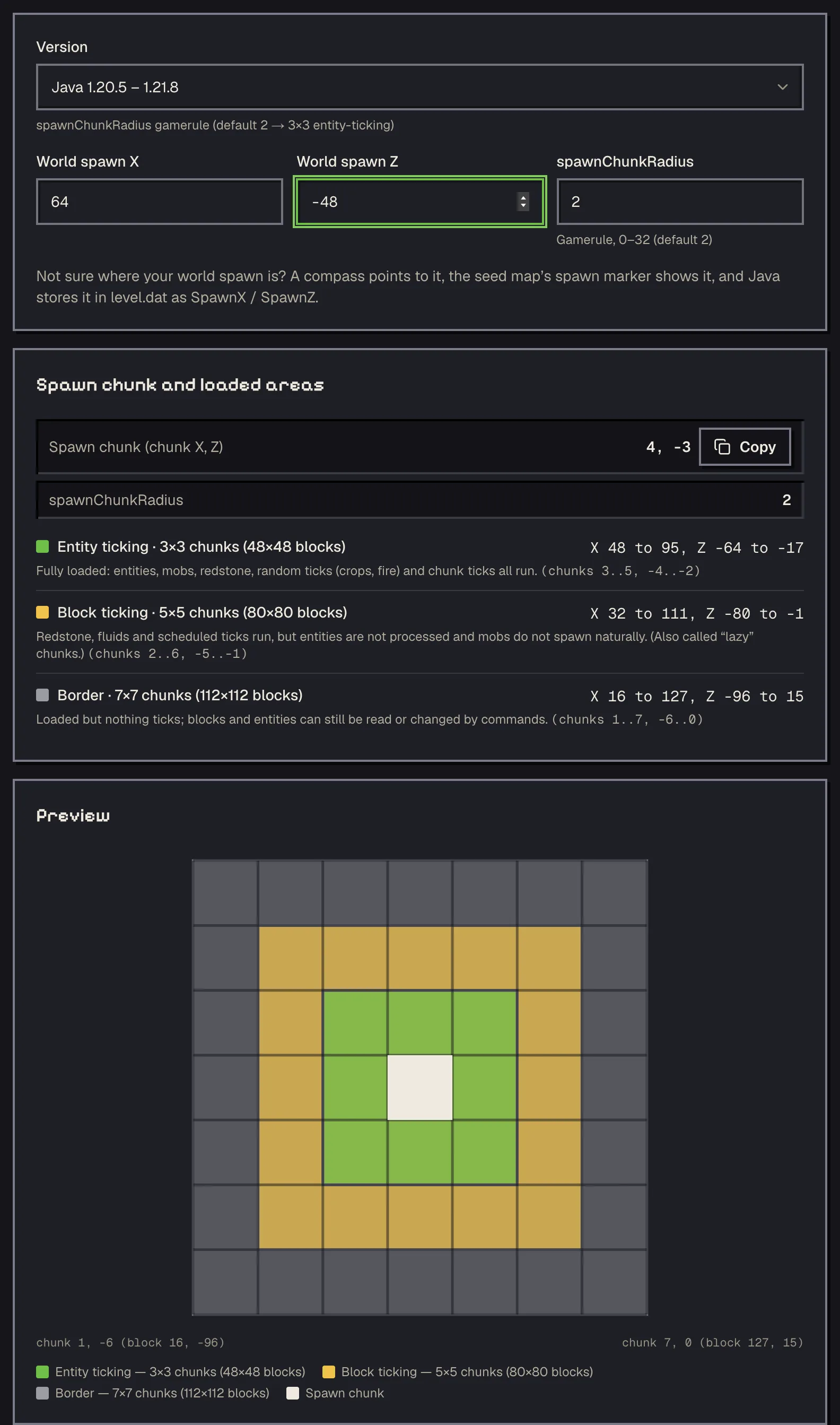 The spawn chunk calculator with spawn 64, -48 entered, showing the loaded chunk grid and block ranges for the selected version