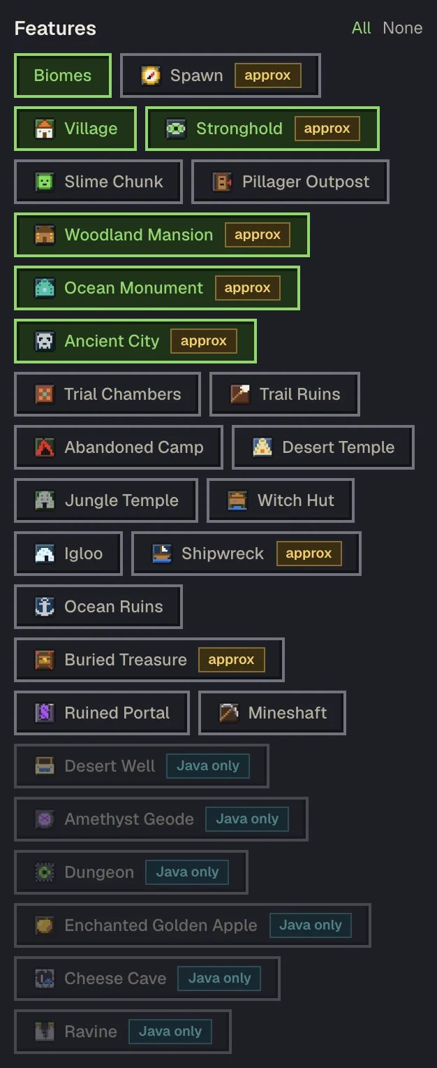 The Features panel with the edition set to Bedrock, showing approx badges on some structure types