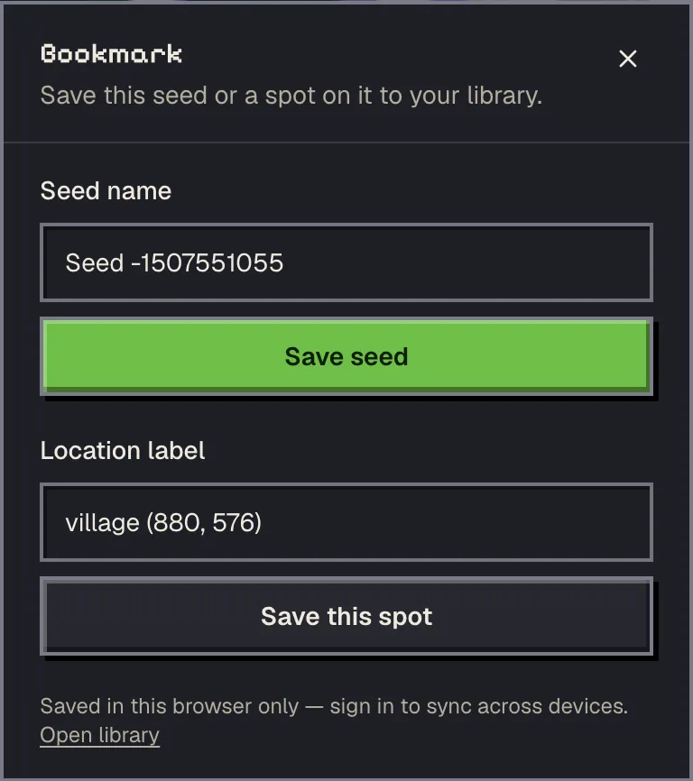 The Bookmark dialog with a seed name field and Save seed button, and a location label field with Save this spot