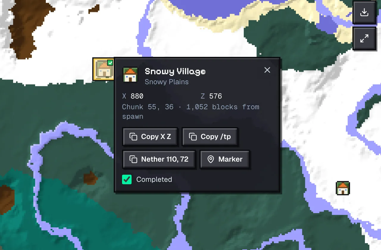 A village popup on the seed map with the Completed checkbox ticked